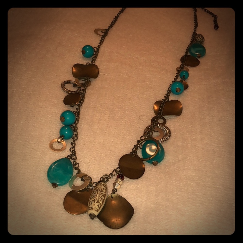 💋Long Rustic Copper and Teal Necklace